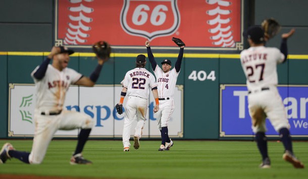 Oct 21, 2017; Houston, TX, USA; Houston Astros center fielder George Springer (4) celebrates with Houston Astros right fielder Josh Reddick (22) after defeating the New York Yankees in game seven of the 2017 ALCS playoff baseball series at Minute Maid Park. Photo Crediit: Thomas B. Shea-USA TODAY Sports