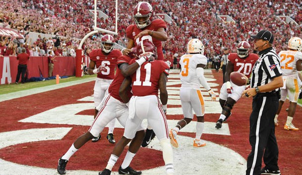 Oct 21, 2017; Tuscaloosa, AL, USA; Alabama Crimson Tide wide receiver Henry Ruggs III (11) celebrates his touchdown with quarterback Tua Tagovailoa (13) and other teammates in the end zone against the Tennessee Volunteers during the fourth quarter at Bryant-Denny Stadium. Photo Credit: John David Mercer-USA TODAY Sports