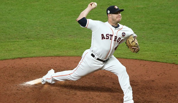Oct 27, 2017; Houston, TX, USA; Houston Astros pitcher Brad Peacock throws a pitch in the 9th inning against the Los Angeles Dodgers in game three of the 2017 World Series at Minute Maid Park. Photo Credit: Troy Taormina-USA TODAY Sports