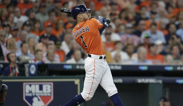 Oct 6, 2017; Houston, TX, USA; Houston Astros shortstop Carlos Correa (1) hits a two-run home run during the first inning in game two of the 2017 ALDS playoff baseball series against the Boston Red Sox at Minute Maid Park. Photo Credit: Thomas B. Shea-USA TODAY Sports