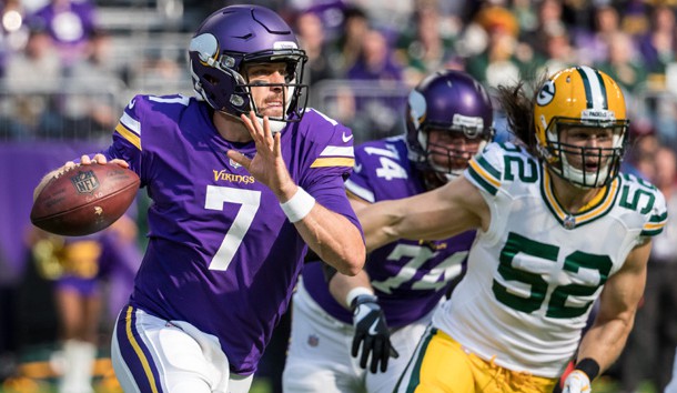 Oct 15, 2017; Minneapolis, MN, USA; Minnesota Vikings quarterback Case Keenum (7) looks to throw the ball during the first quarter against Green Bay Packers at U.S. Bank Stadium. Photo Credit: Brace Hemmelgarn-USA TODAY Sports