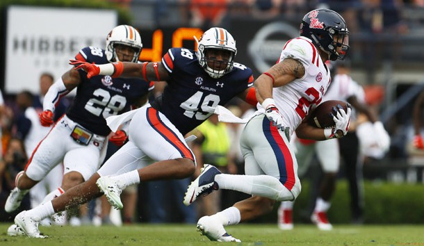 Oct 7, 2017; Auburn, AL, USA; Auburn Tigers linebacker Darrell Williams (49) chases Ole Miss Rebels running back Jordan Wilkins (22) during the second quarter at Jordan-Hare Stadium. Photo Credit: John Reed-USA TODAY Sports