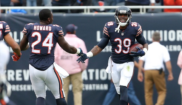 Oct 22, 2017; Chicago, IL, USA; Chicago Bears running back Jordan Howard (24) congratulates free safety Eddie Jackson (39) after a 76 yard interception return for a touchdown during the first half at Soldier Field. Photo Credit: Dennis Wierzbicki-USA TODAY Sports