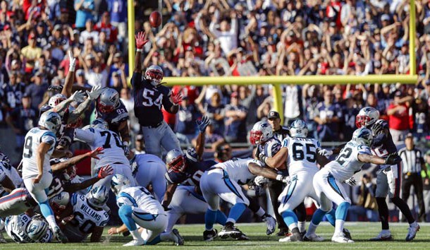 Oct 1, 2017; Foxborough, MA, USA; New England Patriots linebacker Dont'a Hightower (54) attempts to block the game winning field goal by Carolina Panthers kicker Graham Gano (9) during the second half at Gillette Stadium. Photo Credit: Greg M. Cooper-USA TODAY Sports