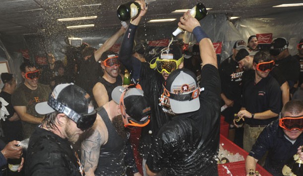 Oct 9, 2017; Boston, MA, USA; Houston Astros players celebrate after game four of the 2017 ALDS playoff baseball series against the Boston Red Sox at Fenway Park. Photo Credit: Bob DeChiara-USA TODAY Sports