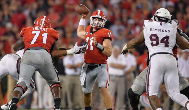 Sep 23, 2017; Athens, GA, USA; Georgia Bulldogs quarterback Jake Fromm (11) passes against the Mississippi State Bulldogs during the second half at Sanford Stadium. Mandatory Credit: Dale Zanine-USA TODAY Sports