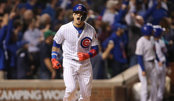 Oct 18, 2017; Chicago, IL, USA; Chicago Cubs second baseman Javier Baez (9) celebrates after hitting a solo home run against the Los Angeles Dodgers in the second inning in game four of the 2017 NLCS playoff baseball series at Wrigley Field. Photo Credit: Dennis Wierzbicki-USA TODAY Sports