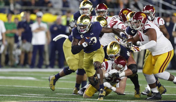 Oct 21, 2017; South Bend, IN, USA; Notre Dame Fighting Irish running back Josh Adams (33) runs with the ball against the Southern California Trojans at Notre Dame Stadium. Photo Credit: Brian Spurlock-USA TODAY Sports