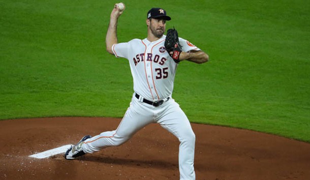 Oct 20, 2017; Houston, TX, USA; Houston Astros starting pitcher Justin Verlander (35) delivers during the first inning in game six of the 2017 ALCS playoff baseball series against the New York Yankees at Minute Maid Park. Photo Credit: Thomas B. Shea-USA TODAY Sports