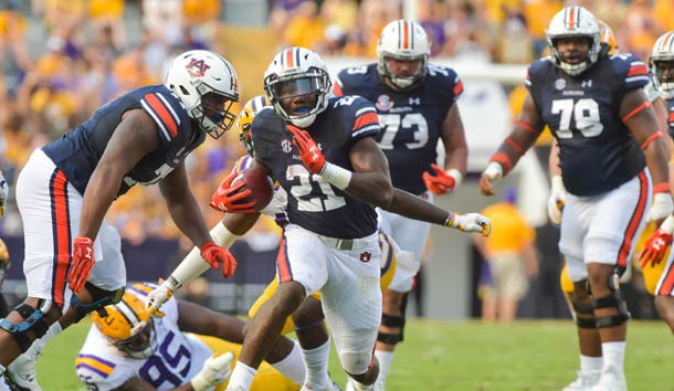 Oct 14, 2017; Baton Rouge, LA, USA; Auburn running back Kerryon Johnson runs the ball against LSU during a college football game at Tiger Stadium. Photo Credit: Scott Clause/The Advertiser via USA TODAY Sports