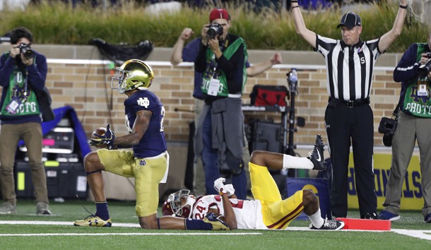 Oct 21, 2017; South Bend, IN, USA; Notre Dame Fighting Irish wide receiver Kevin Stepherson (29) scores a touchdown against Southern California Trojans Isaiah Langley (24) at Notre Dame Stadium. Photo Credit: Brian Spurlock-USA TODAY Sports