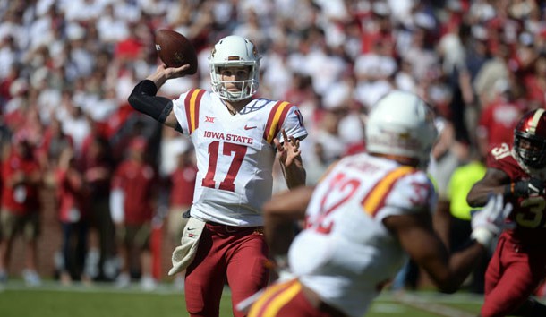 Oct 7, 2017; Norman, OK, USA; Iowa State Cyclones quarterback Kyle Kempt (17) passes the ball in action against the Oklahoma Sooners during the second quarter at Gaylord Family - Oklahoma Memorial Stadium. Photo Credit: Mark D. Smith-USA TODAY Sports