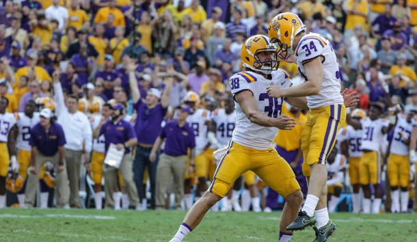 Oct 14, 2017; Baton Rouge, LA, USA; LSU Tigers place kicker Connor Culp (34) celebrates with holder Josh Growden (38) after a field goal to take the lead during the fourth quarter of a game against the Auburn Tigers at Tiger Stadium. LSU defeated Auburn 27-23. Photo Credit: Derick E. Hingle-USA TODAY Sports