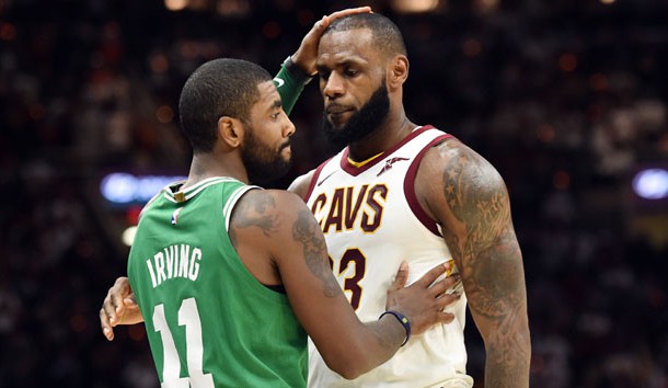 Oct 17, 2017; Cleveland, OH, USA; Cleveland Cavaliers forward LeBron James (23) and Boston Celtics guard Kyrie Irving (11) meet after the Cavs beat the Celtics 102-99 at Quicken Loans Arena. Photo Credit: Ken Blaze-USA TODAY Sports