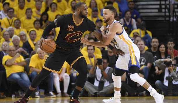 Jun 12, 2017; Oakland, CA, USA; Cleveland Cavaliers forward LeBron James (23) is defended by Golden State Warriors guard Stephen Curry (30) during the third quarter in game five of the 2017 NBA Finals at Oracle Arena. Photo Credit: Kyle Terada-USA TODAY Sports