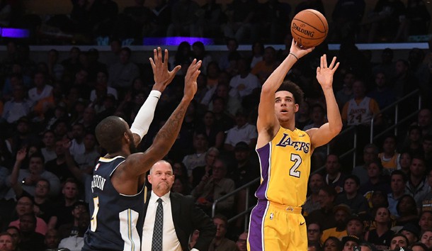 Oct 2, 2017; Los Angeles, CA, USA; Los Angeles Lakers guard Lonzo Ball (2) shoots the ball in front of Denver Nuggets guard Will Barton (5) during the second half at Staples Center. Photo Credit: Richard Mackson-USA TODAY Sports