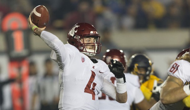 Oct 13, 2017; Berkeley, CA, USA; Washington State Cougars quarterback Luke Falk (4) passes the football against the California Golden Bears during the first half at Memorial Stadium. Photo Credit: Neville E. Guard-USA TODAY Sports