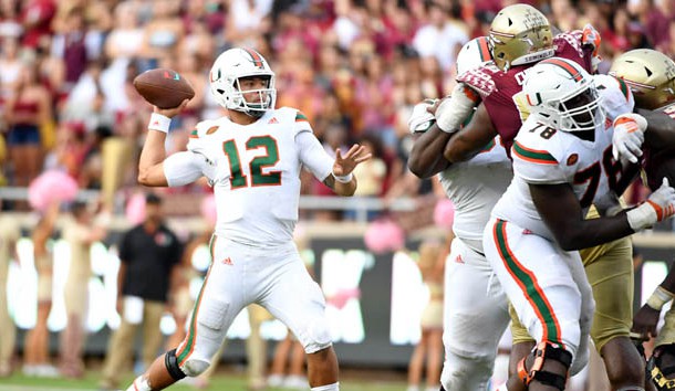 Oct 7, 2017; Tallahassee, FL, USA; Miami Hurricanes quarterback Malik Rosier (12) throws the ball during the second half against the Florida State Seminoles at Doak Campbell Stadium. Photo Credit: Melina Vastola-USA TODAY Sports