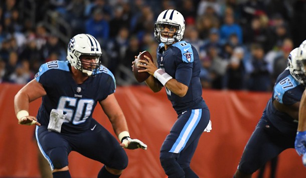 Oct 16, 2017; Nashville, TN, USA; Tennessee Titans quarterback Marcus Mariota (8) drops back to pass during the first half against the Indianapolis Colts at Nissan Stadium. Photo Credit: Christopher Hanewinckel-USA TODAY Sports