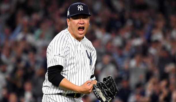 Oct 18, 2017; Bronx, NY, USA; New York Yankees starting pitcher Masahiro Tanaka (19) reacts after pitching during the fifth inning against the Houston Astros in game five of the 2017 ALCS playoff baseball series at Yankee Stadium. Photo Credit: Robert Deutsch-USA TODAY Sports
