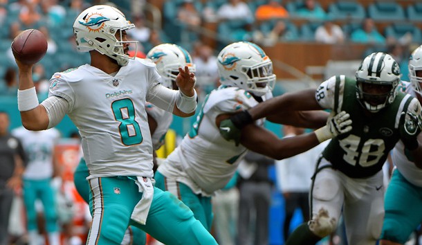Oct 22, 2017; Miami Gardens, FL, USA; Miami Dolphins quarterback Matt Moore (8) attention attempts a pass against the New York Jets during the second half at Hard Rock Stadium. Photo Credit: Jasen Vinlove-USA TODAY Sports
