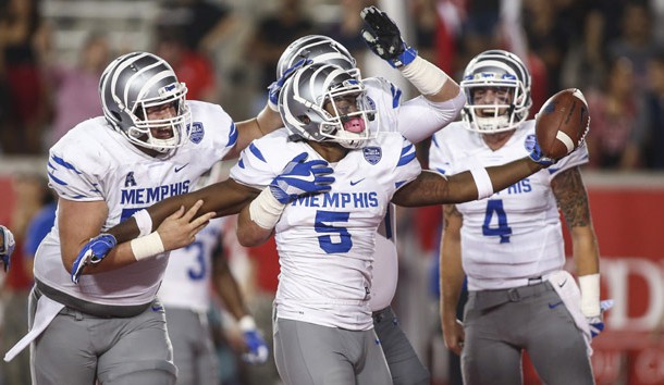 Oct 19, 2017; Houston, TX, USA; Memphis Tigers tight end Sean Dykes (5) celebrates with teammates after scoring a touchdown during the fourth quarter against the Houston Cougars at TDECU Stadium. Photo Credit: Troy Taormina-USA TODAY Sports