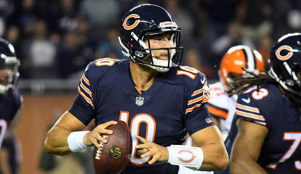 Aug 31, 2017; Chicago, IL, USA; Chicago Bears quarterback Mitchell Trubisky (10) drops back to pass against the Cleveland Browns during the first half at Soldier Field. Photo Credit: Mike DiNovo-USA TODAY Sports