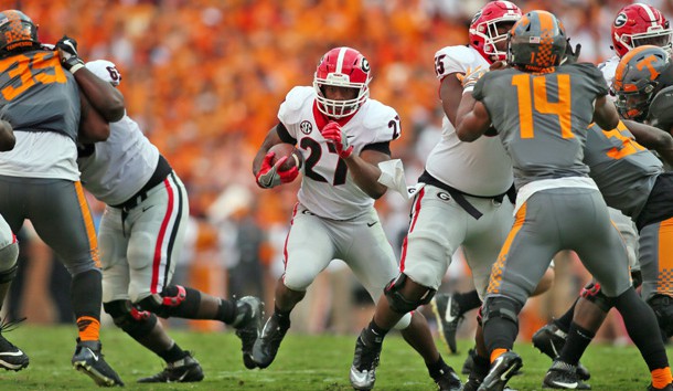 Sep 30, 2017; Knoxville, TN, USA; Georgia Bulldogs running back Nick Chubb (27) carries the ball against the Tennessee Volunteers during the first half at Neyland Stadium. Photo Credit: Crystal LoGiudice-USA TODAY Sports