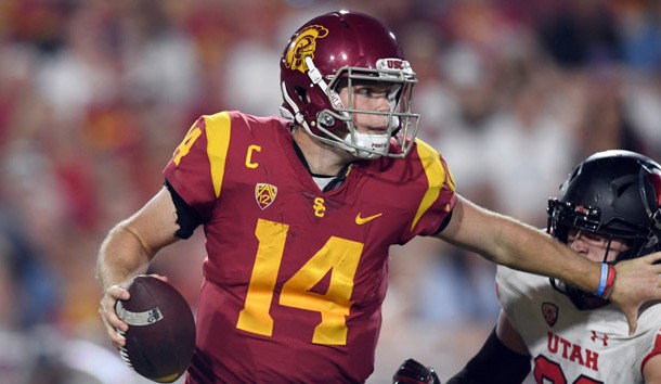 Oct 14, 2017; Los Angeles, CA, USA; Southern California Trojans quarterback Sam Darnold (14) is pressured by Utah Utes defensive tackle Lowell Lotulelei (93) during an NCAA football game at Los Angeles Memorial Coliseum. Photo Credit: Kirby Lee-USA TODAY Sports