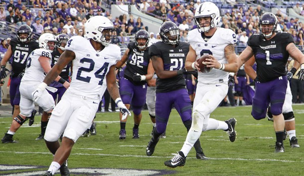 Oct 7, 2017; Evanston, IL, USA; Penn State Nittany Lions quarterback Trace McSorley (9) scores a touchdown against the Northwestern Wildcats during the second half at Ryan Field. Photo Credit: Kamil Krzaczynski-USA TODAY Sports