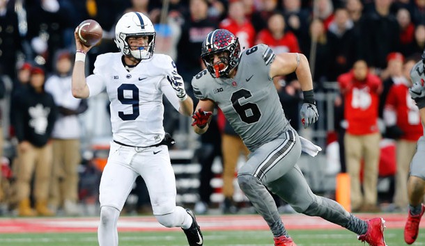 Oct 28, 2017; Columbus, OH, USA; Penn State Nittany Lions quarterback Trace McSorley (9) chased by Ohio State Buckeyes defensive end Sam Hubbard (6) during the third quarter at Ohio Stadium. Photo Credit: Joe Maiorana-USA TODAY Sports