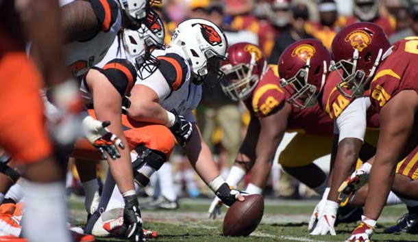 Oct 7, 2017; Los Angeles, CA, USA; General overall view of the line of scrimmage as Oregon State Beavers offensive lineman Sumner Houston (52) snaps the ball against the Southern California Trojans during a NCAA football game at the Los Angeles Memorial Coliseum. USC defeated Oregon State 38-10. Photo Credit: Kirby Lee-USA TODAY Sports