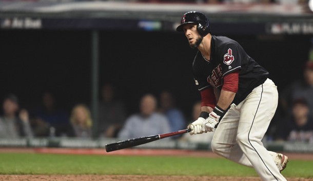 Oct 6, 2017; Cleveland, OH, USA; Cleveland Indians catcher Yan Gomes (7) hits the game-winning RBI-single during the 13th inning in game two of the 2017 ALDS against the New York Yankees at Progressive Field. Photo Credit: Ken Blaze-USA TODAY Sports