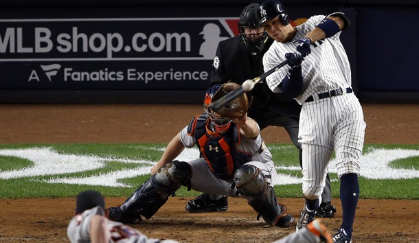 Oct 16, 2017; Bronx, NY, USA; New York Yankees right fielder Aaron Judge (99) hits a three run home run during the fourth inning against the Houston Astros during game three of the 2017 ALCS playoff baseball series at Yankee Stadium. Photo Credit: Adam Hunger-USA TODAY Sports