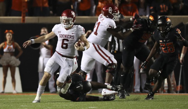 Nov 4, 2017; Stillwater, OK, USA; Oklahoma Sooners quarterback Baker Mayfield (6) runs during the game against the Oklahoma State Cowboys at Boone Pickens Stadium. Photo Credit: Kevin Jairaj-USA TODAY Sports