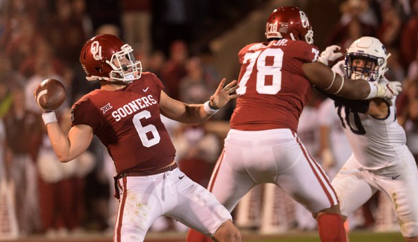 Nov 11, 2017; Norman, OK, USA; Oklahoma Sooners quarterback Baker Mayfield (6) passes the ball as offensive lineman Orlando Brown (78) blocks TCU Horned Frogs defensive end Michael Epley (40) during the second quarter at Gaylord Family - Oklahoma Memorial Stadium. Photo Credit: Mark D. Smith-USA TODAY Sports