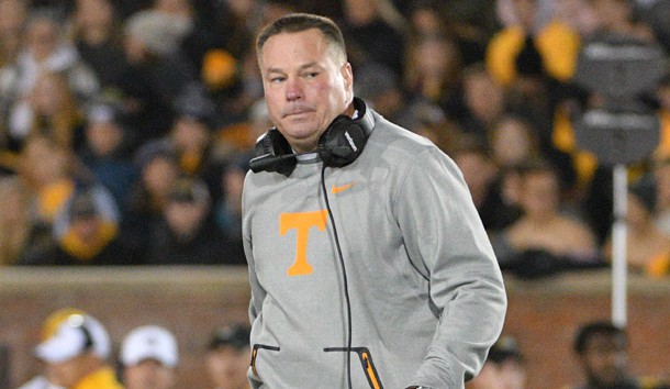 Nov 11, 2017; Columbia, MO, USA; Tennessee Volunteers head coach Butch Jones returns to the sidelines after an injury timeout during the first half against the Missouri Tigers at Faurot Field. Photo Credit: Denny Medley-USA TODAY Sports