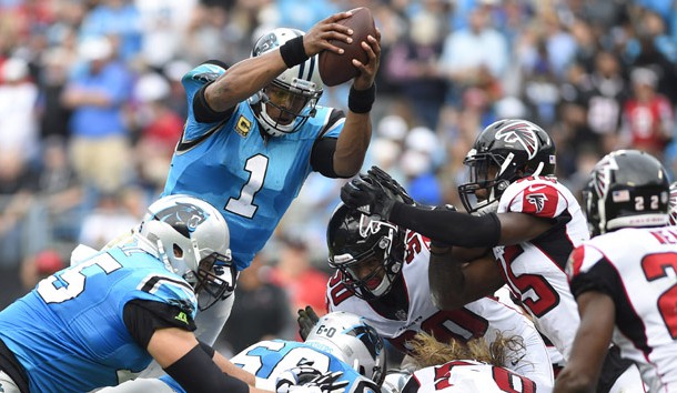 Nov 5, 2017; Charlotte, NC, USA; Carolina Panthers quarterback Cam Newton (1) reaches for a first down in the third quarter. The Panthers defeated the Falcons 20-17 at Bank of America Stadium. Mandatory Credit: Bob Donnan-USA TODAY Sports