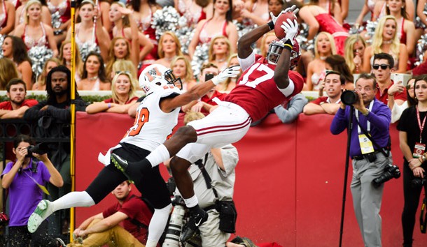 Nov 18, 2017; Tuscaloosa, AL, USA; Alabama Crimson Tide wide receiver Cam Sims (17) catches a touchdown against Mercer Bears defensive back Brandon Gurley (29) during the third quarter at Bryant-Denny Stadium. Photo Credit: Adam Hagy-USA TODAY Sports