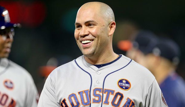 Sep 25, 2017; Arlington, TX, USA; Houston Astros designated hitter Carlos Beltran (15) smiles after the benches clear during the second inning against the Texas Rangers at Globe Life Park in Arlington. Photo Credit: Andrew Dieb-USA TODAY Sports