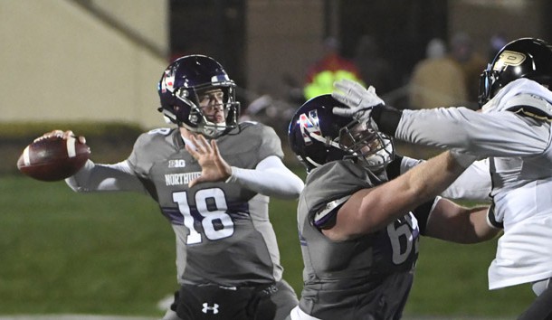 Nov 11, 2017; Evanston, IL, USA; Northwestern Wildcats quarterback Clayton Thorson (18) passes the ball against the Purdue Boilermakers during the second half at Ryan Field. Photo Credit: David Banks-USA TODAY Sports