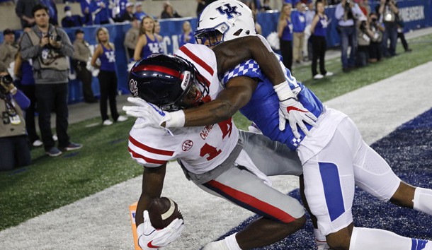 Nov 4, 2017; Lexington, KY, USA; Ole Miss Rebels wide receiver D.K. Metcalf (14) catches a touchdown pass against Kentucky Wildcats  cornerback Lonnie Johnson (6) in the second half at Commonwealth Stadium. Ole Miss defeated Kentucky 37-34. Photo Credit: Mark Zerof-USA TODAY Sports