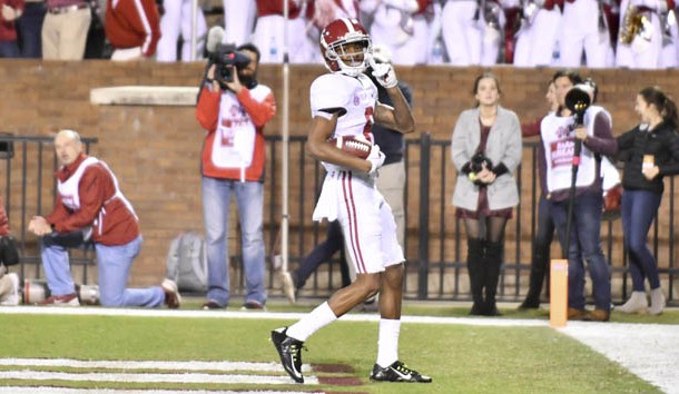 Nov 11, 2017; Starkville, MS, USA; Alabama Crimson Tide wide receiver DeVonta Smith (6) reacts after scoring a touchdown against the Mississippi State Bulldogs during the fourth quarter at Davis Wade Stadium. Photo Credit: Matt Bush-USA TODAY Sports