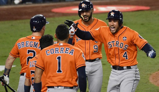 Nov 1, 2017; Los Angeles, CA, USA; Houston Astros center fielder George Springer (4) celebrates with left fielder Marwin Gonzalez (9) and third baseman Alex Bregman (2) and shortstop Carlos Correa (1) after scoring on his two run home run against the Los Angeles Dodgers in the second inning in game seven of the 2017 World Series at Dodger Stadium. Photo Credit: Richard Mackson-USA TODAY Sports