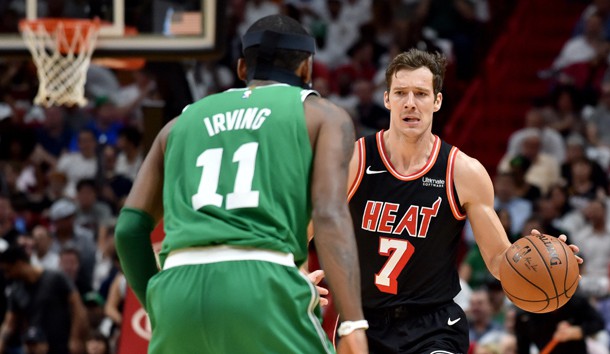 Nov 22, 2017; Miami, FL, USA; Miami Heat guard Goran Dragic (7) dribbles the ball against Boston Celtics guard Kyrie Irving (11) during the first half at American Airlines Arena. Photo Credit: Steve Mitchell-USA TODAY Sports