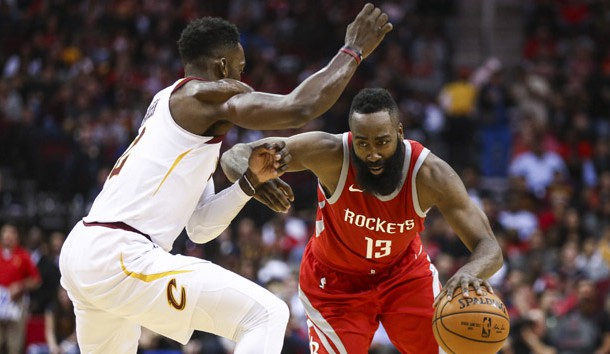 Nov 9, 2017; Houston, TX, USA; Houston Rockets guard James Harden (13) attempts to dribble the ball past Cleveland Cavaliers forward Jeff Green (32) during the second quarter at Toyota Center. Photo Credit: Troy Taormina-USA TODAY Sports