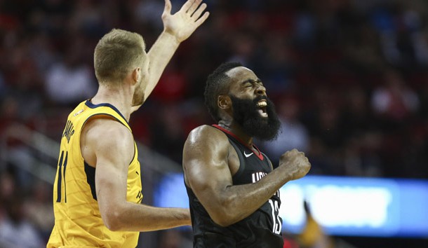 Nov 29, 2017; Houston, TX, USA; Houston Rockets guard James Harden (13) celebrates after scoring a basket during the third quarter against the Indiana Pacers at Toyota Center. Photo Credit: Troy Taormina-USA TODAY Sports