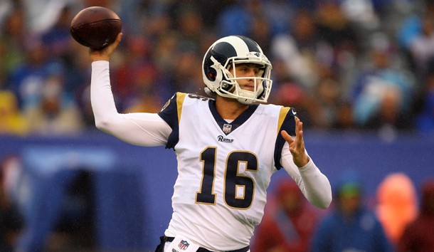 Nov 5, 2017; East Rutherford, NJ, USA; Los Angeles Rams quarterback Jared Goff (16) looks to pass against the New York Giants during the second quarter at MetLife Stadium. Photo Credit: Danny Wild-USA TODAY Sports