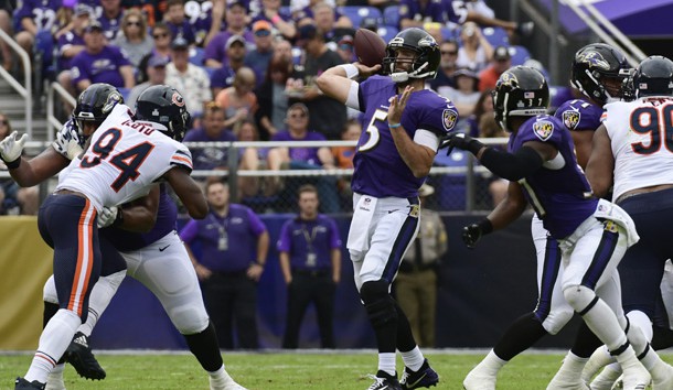 Oct 15, 2017; Baltimore, MD, USA; Baltimore Ravens quarterback Joe Flacco (5) throws during the second quarter against the Chicago Bears at M&T Bank Stadium. Photo Credit: Tommy Gilligan-USA TODAY Sports