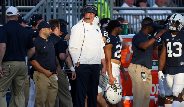 Sep 9, 2017; University Park, PA, USA; Penn State Nittany Lions offensive coordinator and quarterbacks coach Joe Moorhead (center) looks on from the sideline during the fourth quarter against the Pittsburgh Panthers at Beaver Stadium. Penn State defeated Pitt 33-14. Photo Credit: Matthew O'Haren-USA TODAY Sports